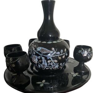 Vintage Japanese lacquerware Sake Set Black Mother Of Pearl Inlay Decanter Set